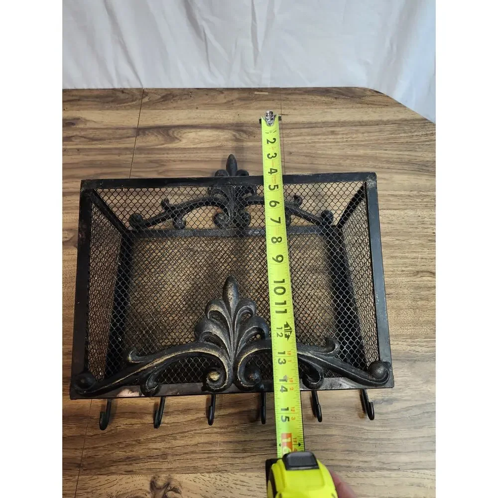 Vintage Black Hanging Wall Basket Storage Wrought Iron (?) Hooks Entry Way...